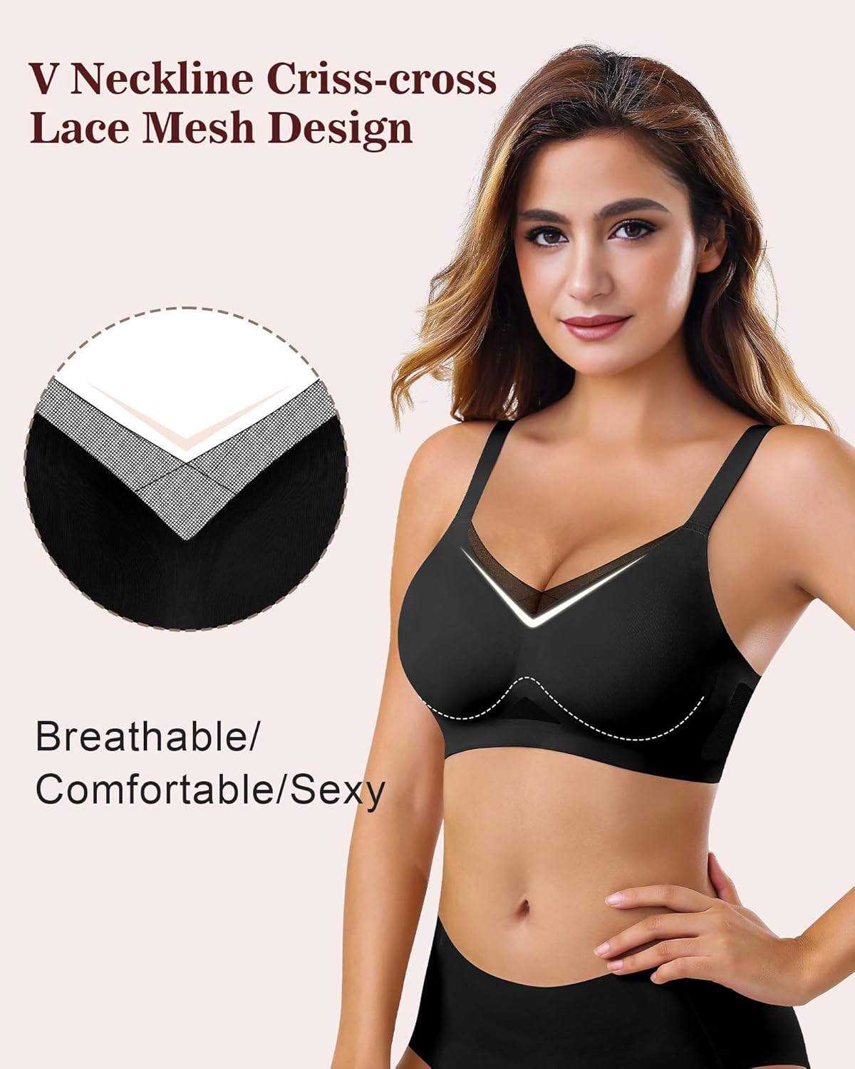 Womens Bra No Underwire Seamless Wireless Bra with Soft Support V Neck Mesh Bras - Picture 26 of 55