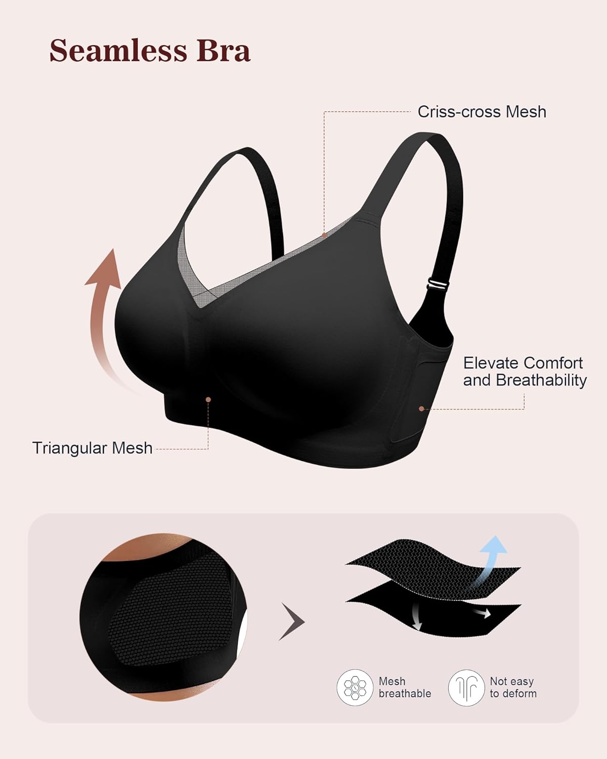 Womens Bra No Underwire Seamless Wireless Bra with Soft Support V Neck Mesh Bras - Picture 28 of 55