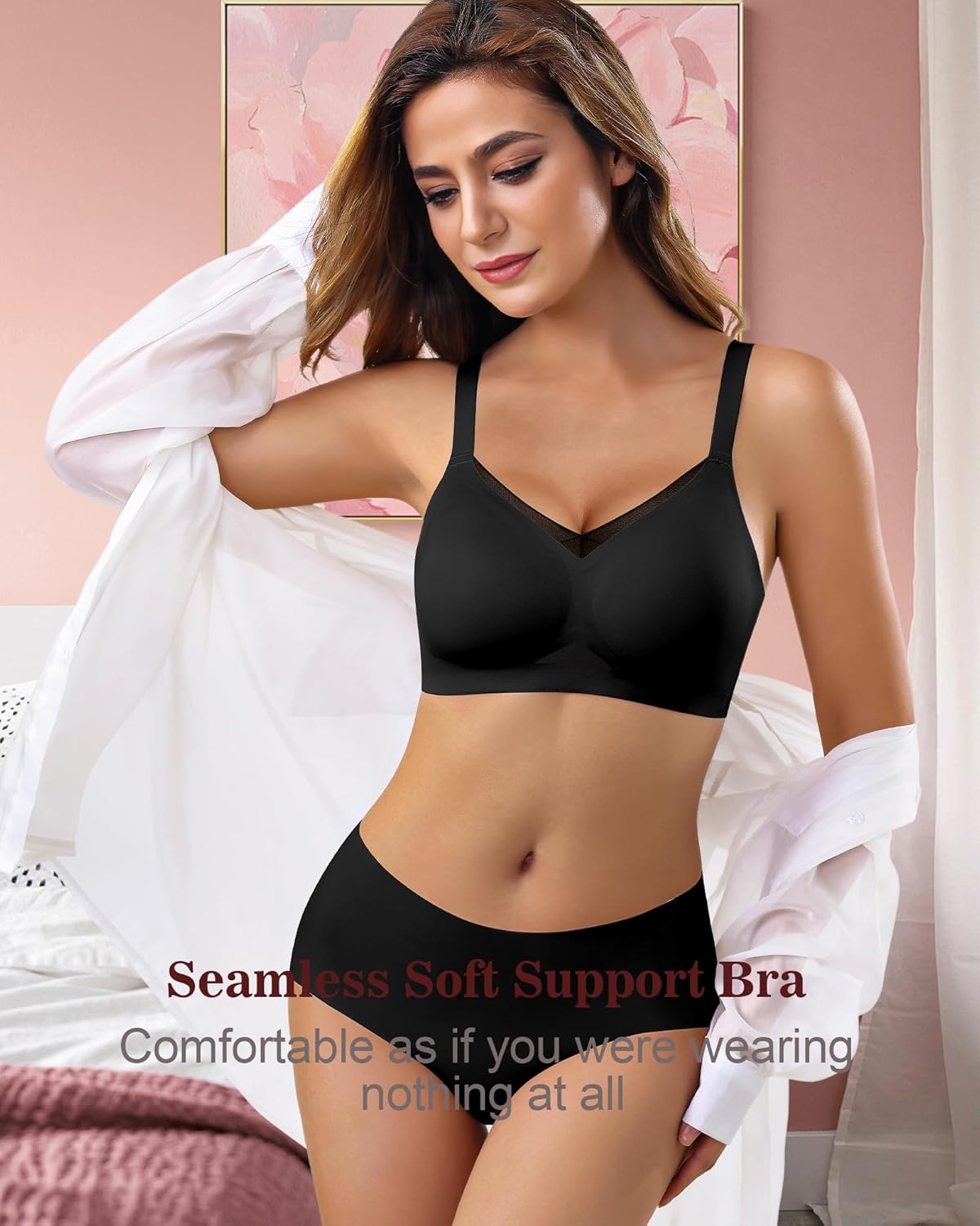 Womens Bra No Underwire Seamless Wireless Bra with Soft Support V Neck Mesh Bras - Picture 29 of 55