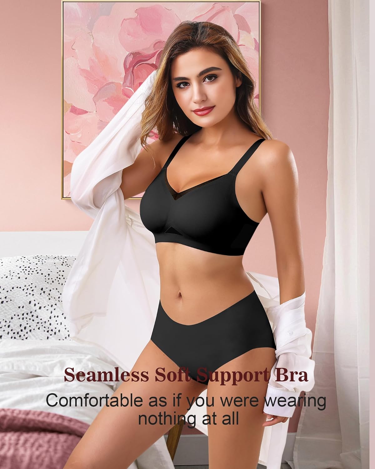 Womens Bra No Underwire Seamless Wireless Bra with Soft Support V Neck Mesh Bras - Picture 31 of 55