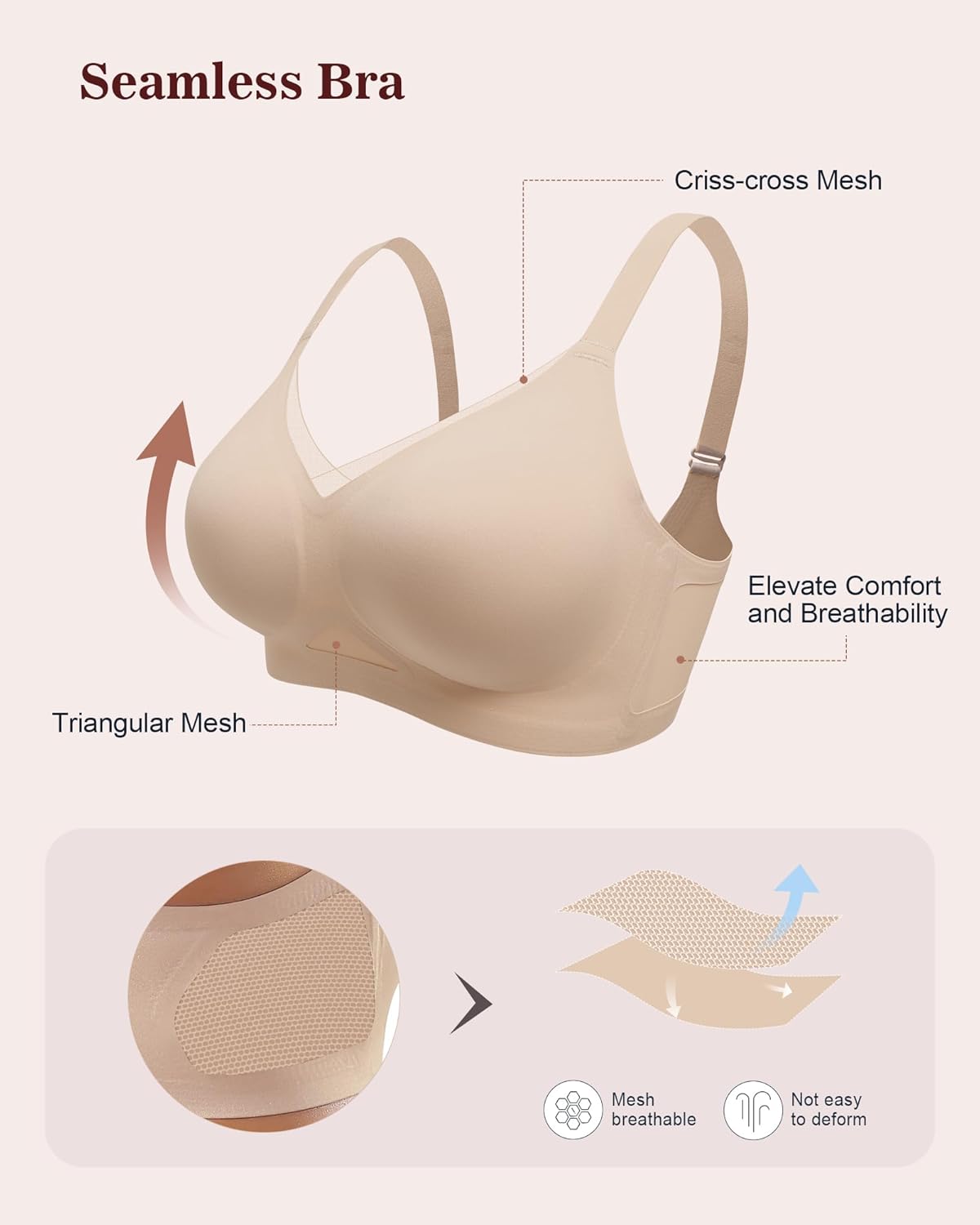 Womens Bra No Underwire Seamless Wireless Bra with Soft Support V Neck Mesh Bras - Picture 36 of 55