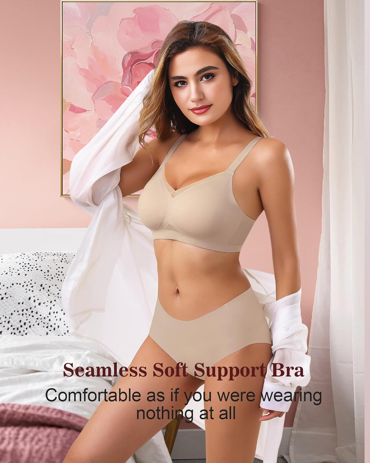 Womens Bra No Underwire Seamless Wireless Bra with Soft Support V Neck Mesh Bras - Picture 37 of 55