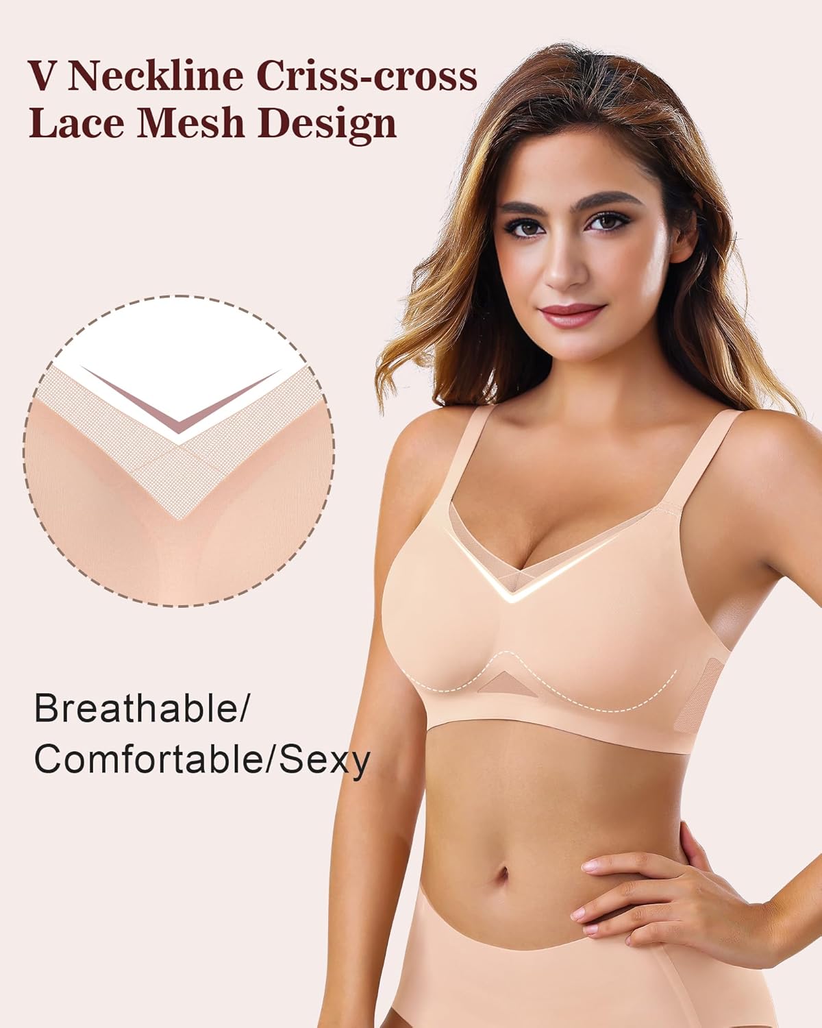 Womens Bra No Underwire Seamless Wireless Bra with Soft Support V Neck Mesh Bras - Picture 42 of 55