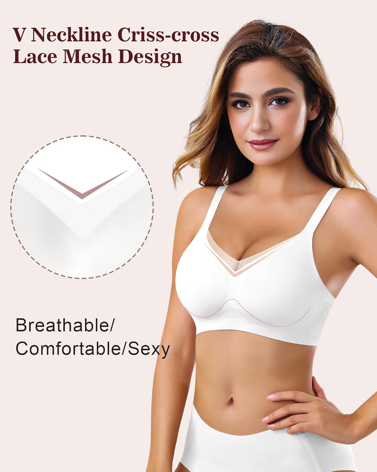 Womens Bra No Underwire Seamless Wireless Bra with Soft Support V Neck Mesh Bras - Picture 50 of 55