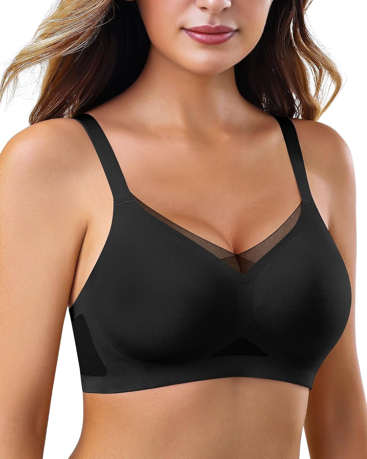 Womens Bra No Underwire Seamless Wireless Bra with Soft Support V Neck Mesh Bras - Picture 25 of 55