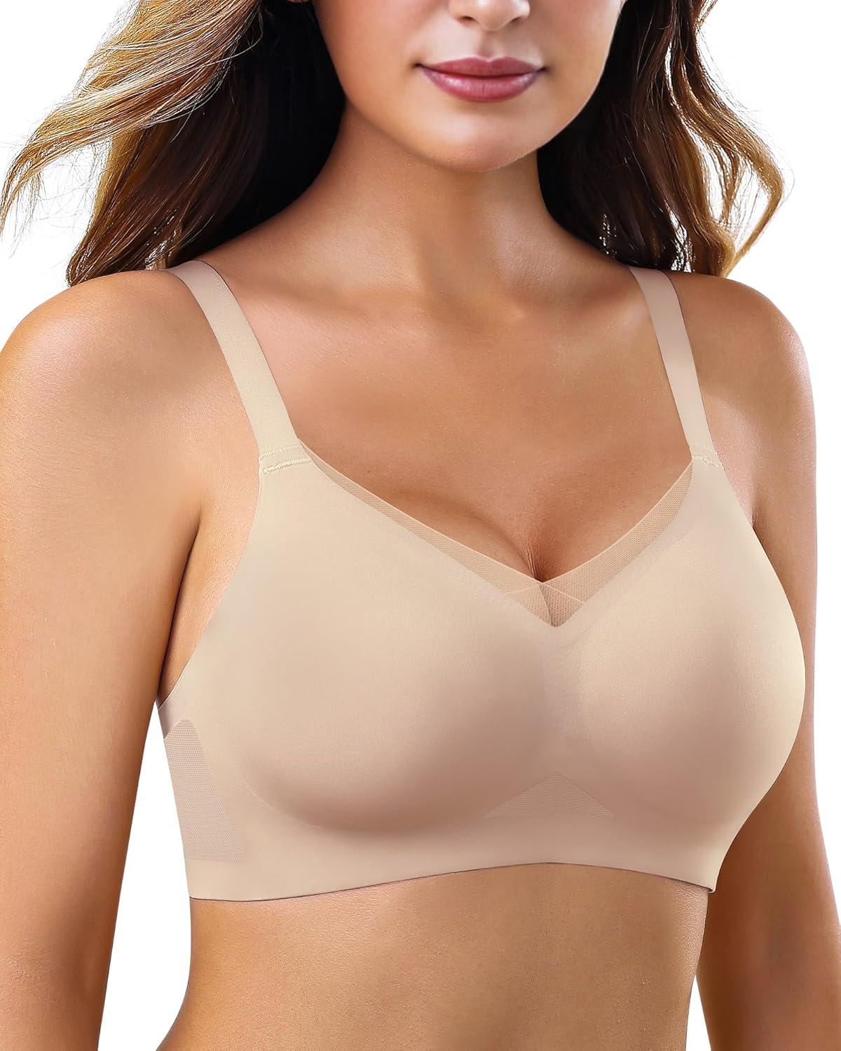 Womens Bra No Underwire Seamless Wireless Bra with Soft Support V Neck Mesh Bras - Picture 33 of 55