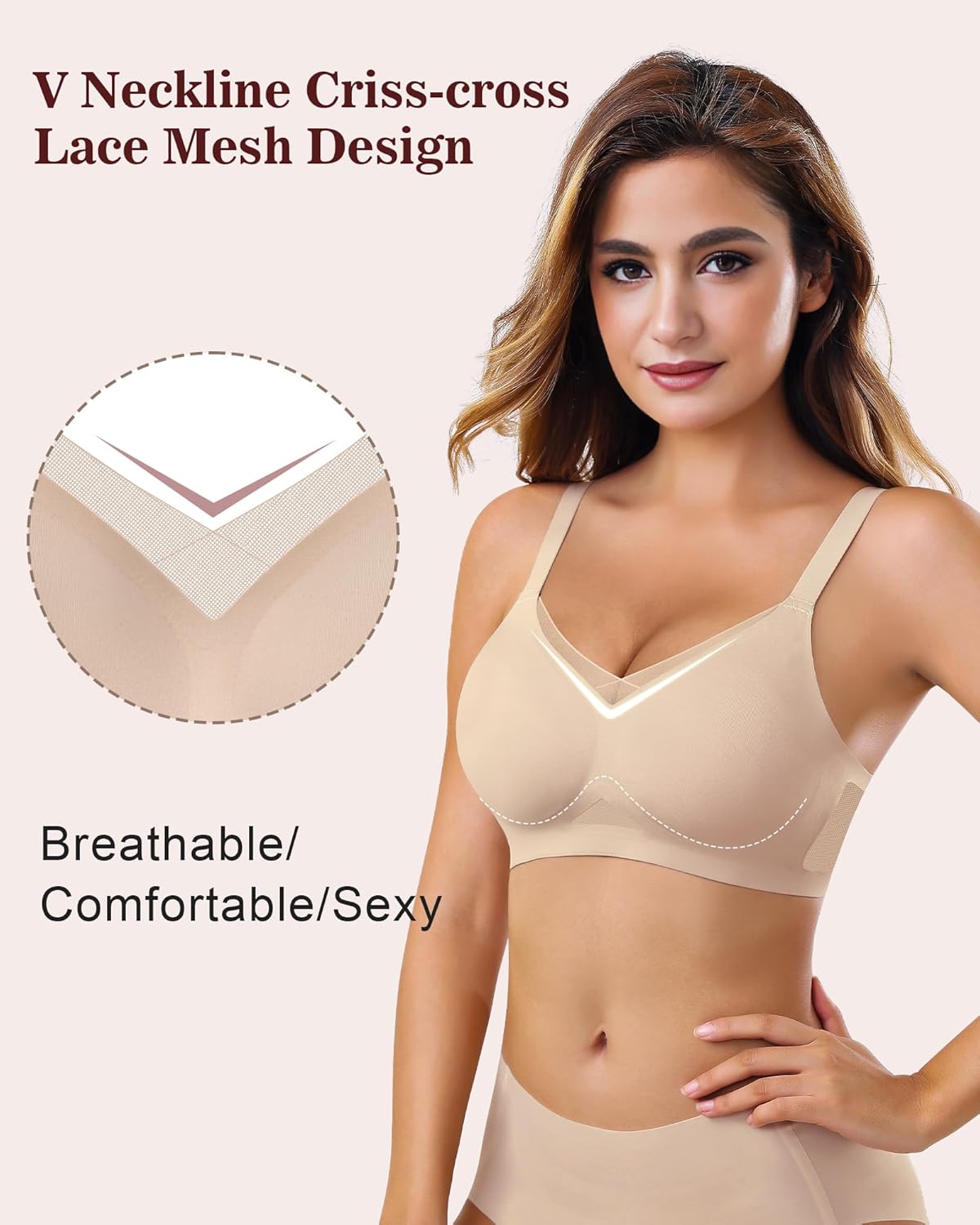 Womens Bra No Underwire Seamless Wireless Bra with Soft Support V Neck Mesh Bras - Picture 34 of 55