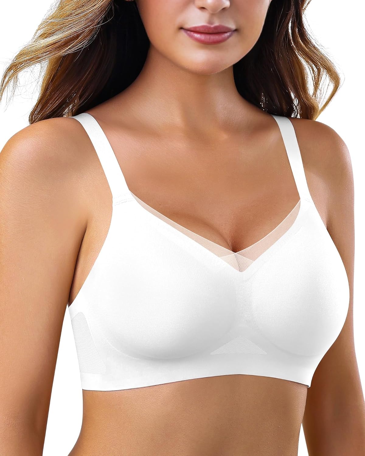 Womens Bra No Underwire Seamless Wireless Bra with Soft Support V Neck Mesh Bras - Picture 49 of 55