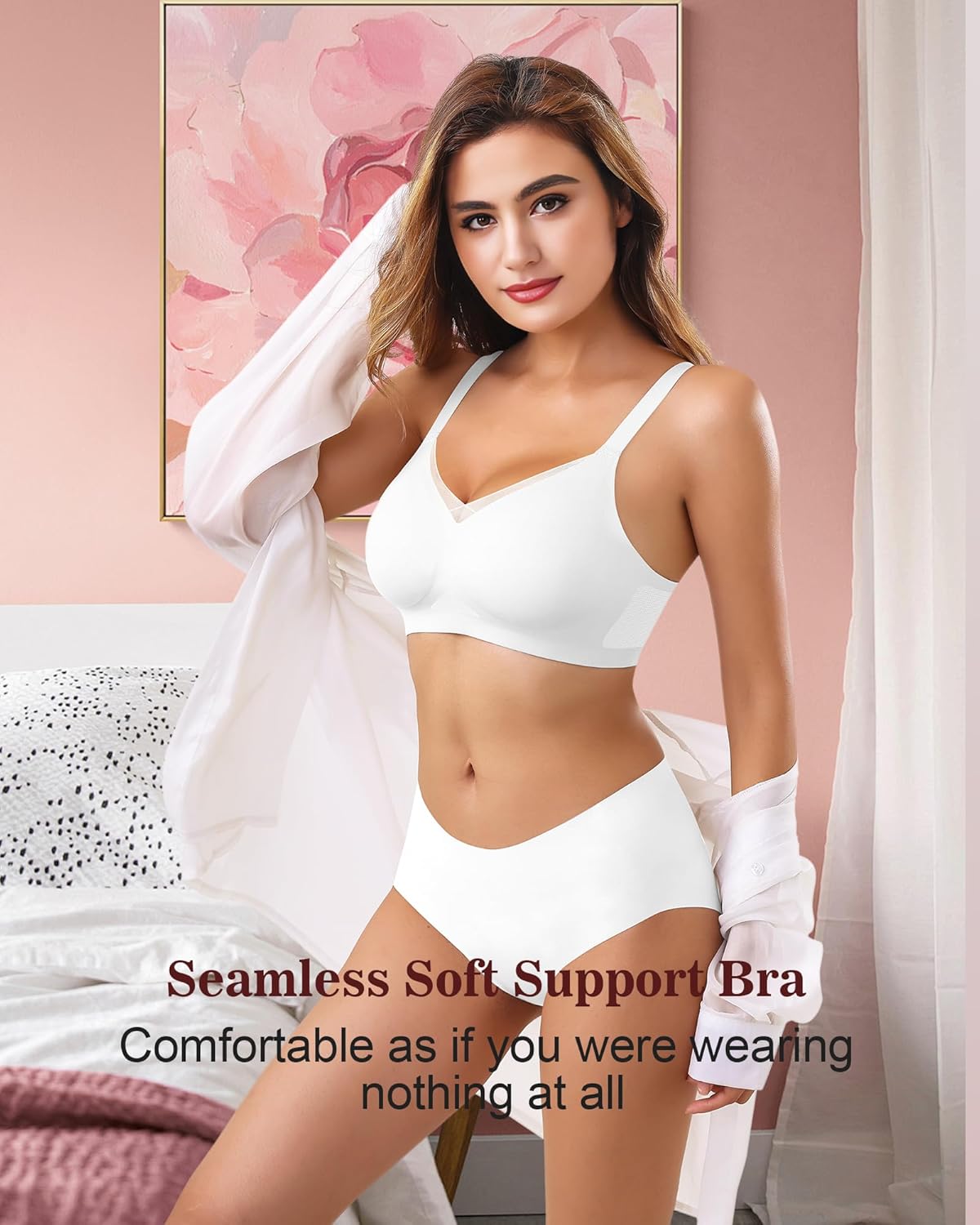 Womens Bra No Underwire Seamless Wireless Bra with Soft Support V Neck Mesh Bras - Picture 53 of 55