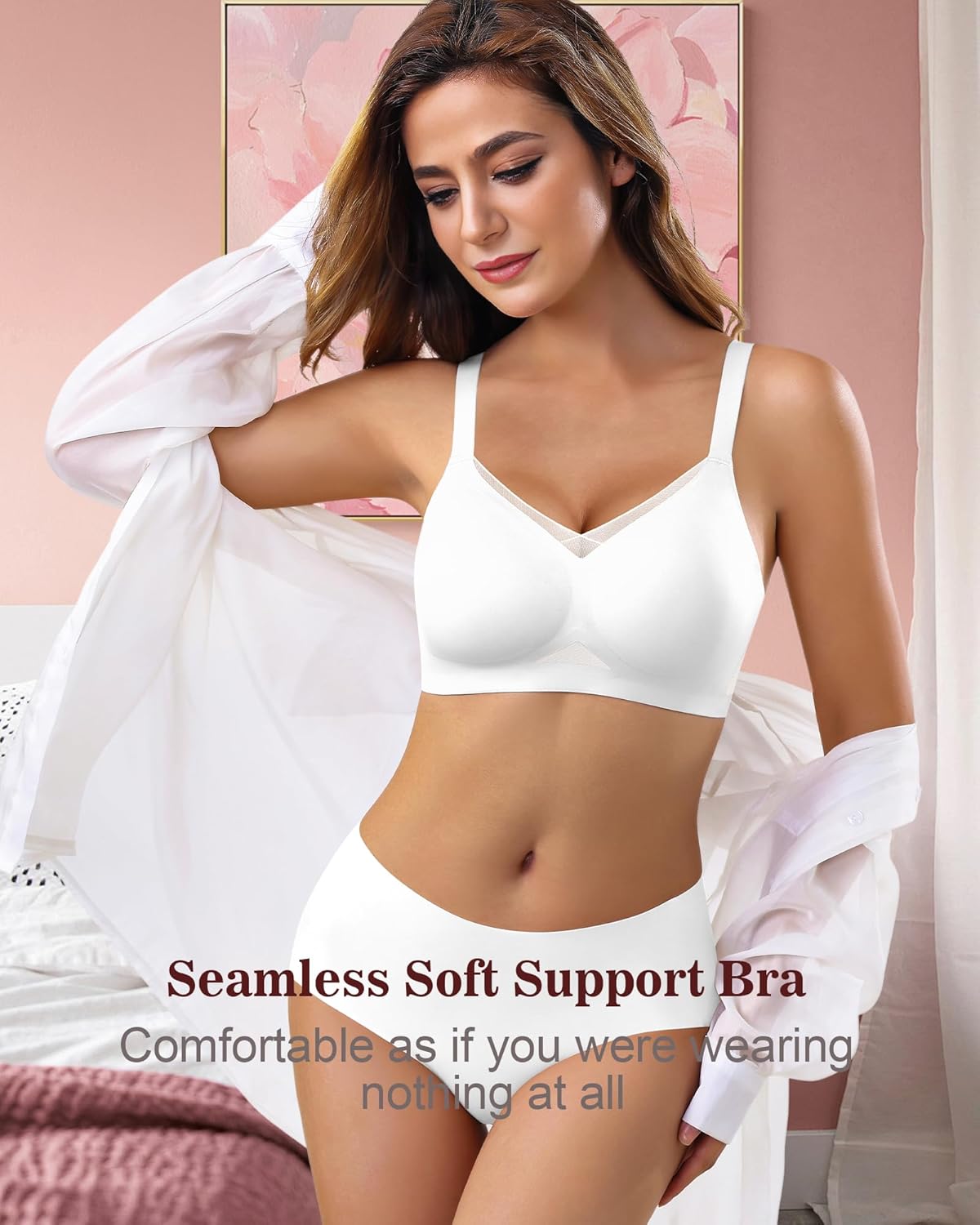 Womens Bra No Underwire Seamless Wireless Bra with Soft Support V Neck Mesh Bras - Picture 55 of 55