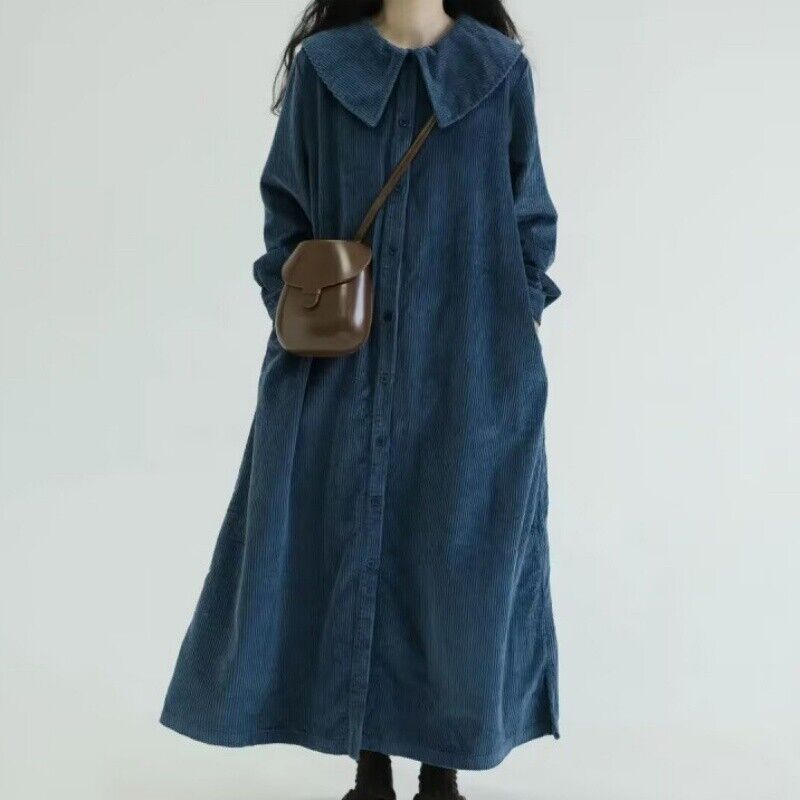 Womens Corduroy Single Breasted Navy Collar Long Sleeves Loose Casual Dress Gown - Picture 8 of 8