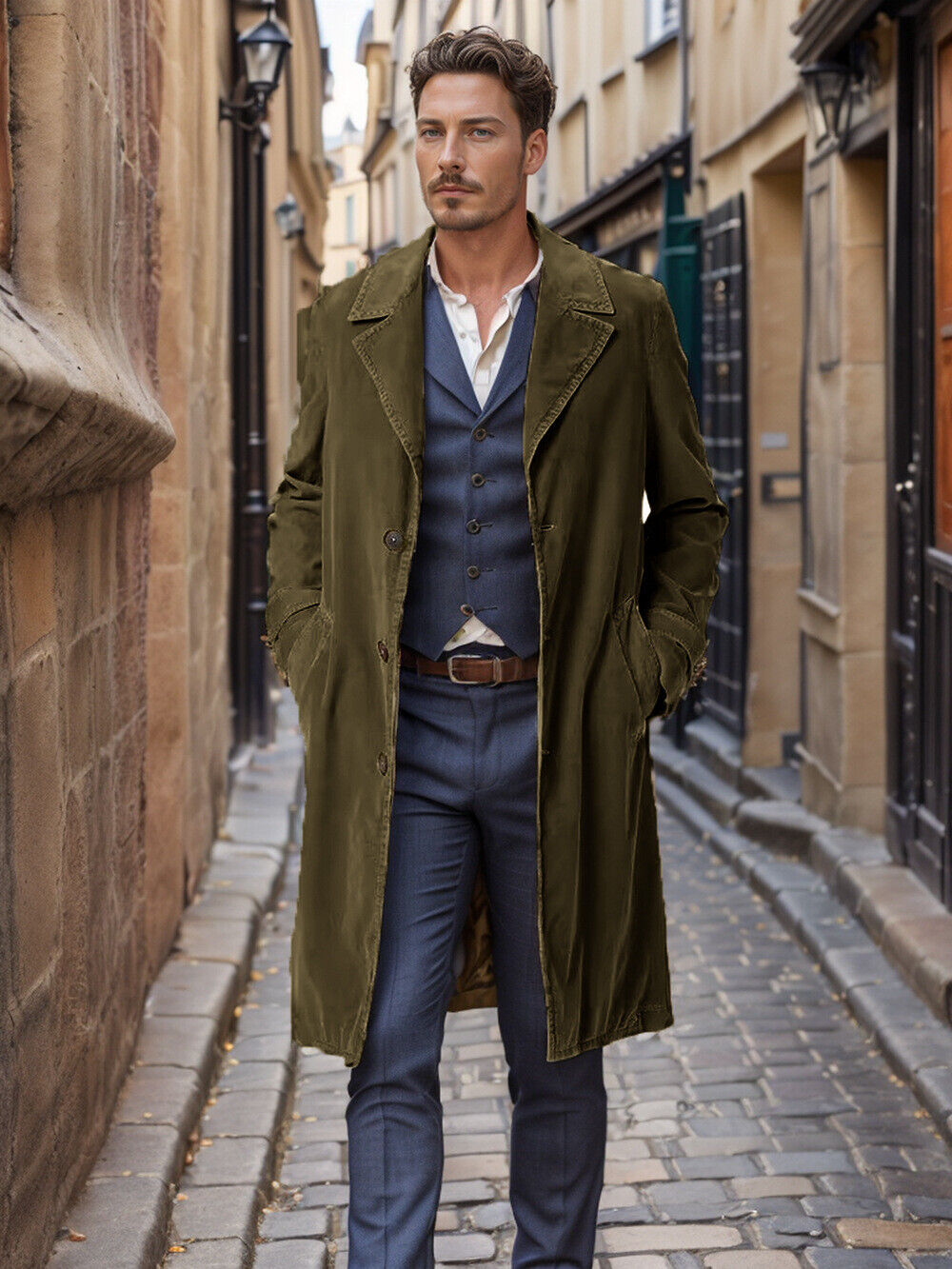 Men Corduroy Trench Coat French Business Overcoat Winter Warm Windbreaker Jacket - Picture 14 of 15