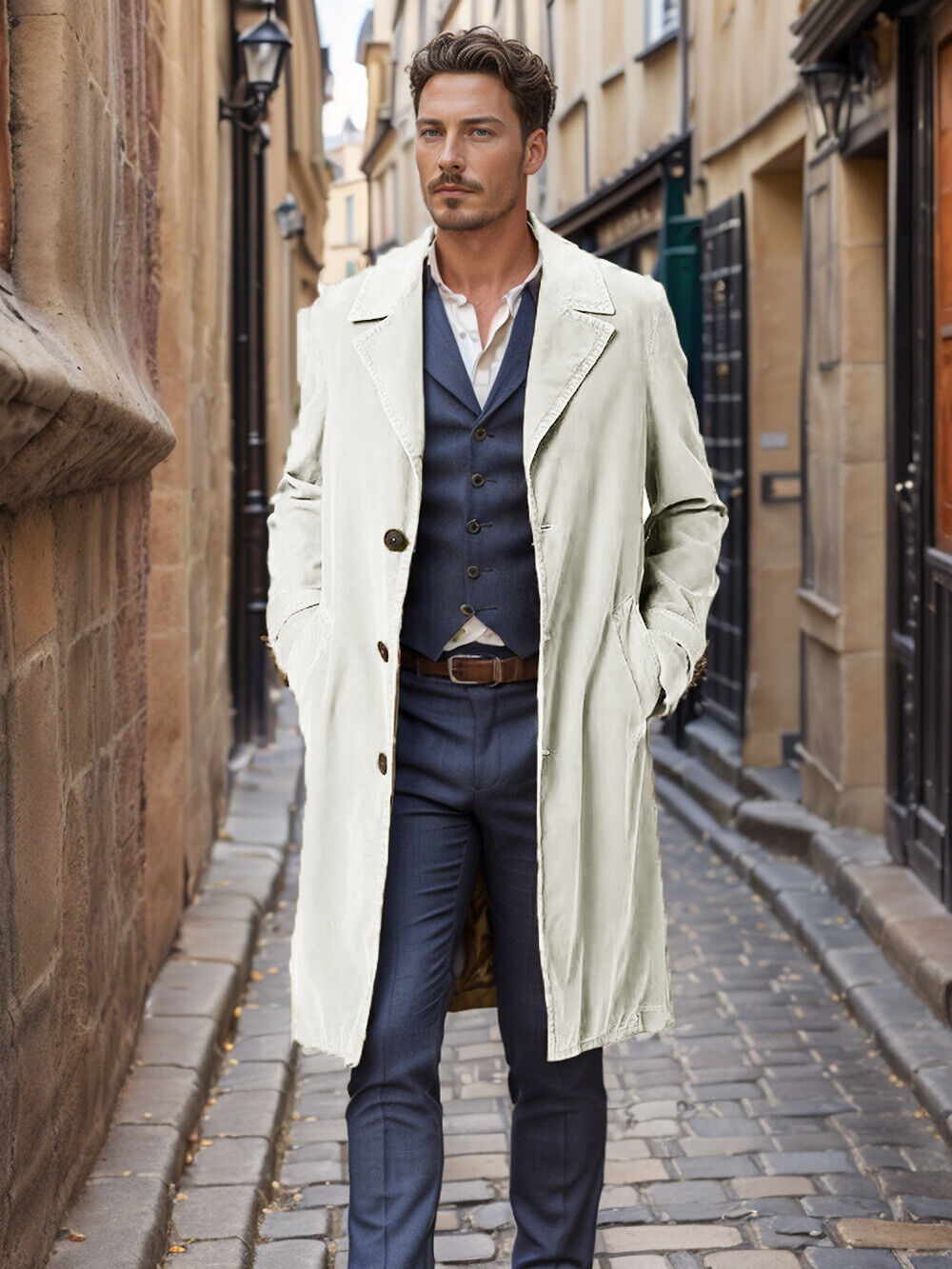 Men Corduroy Trench Coat French Business Overcoat Winter Warm Windbreaker Jacket - Picture 15 of 15