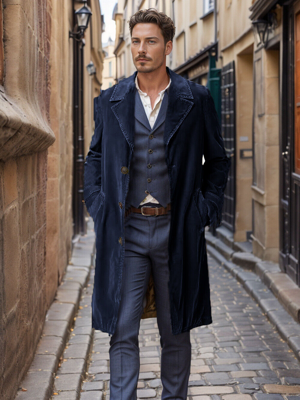 Men Corduroy Trench Coat French Business Overcoat Winter Warm Windbreaker Jacket - Picture 13 of 15