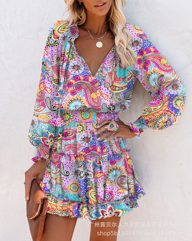 Damen Kleid Sommer Neu V-Ausschnitt Langarm Schößchen Leopardenmuster Dress - Bild 11 von 11