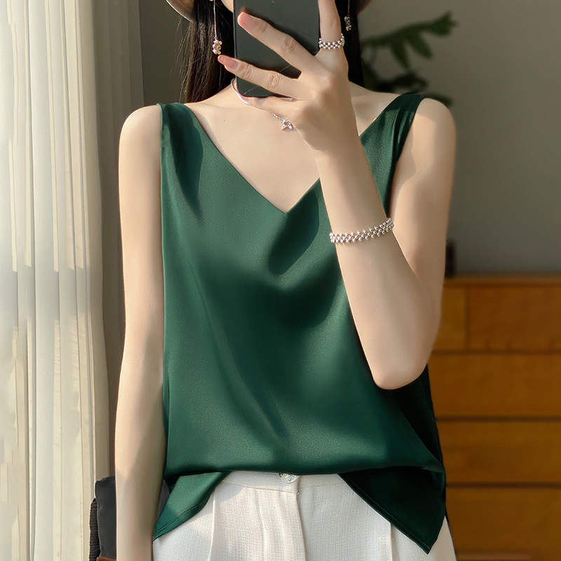 Elegant Women V-neck Sleeveless Silk Satin Business Tank Top Camisole Vest Shirt