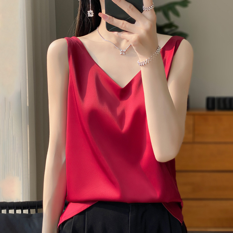 Elegant Women V-neck Sleeveless Silk Satin Business Tank Top Camisole Vest Shirt