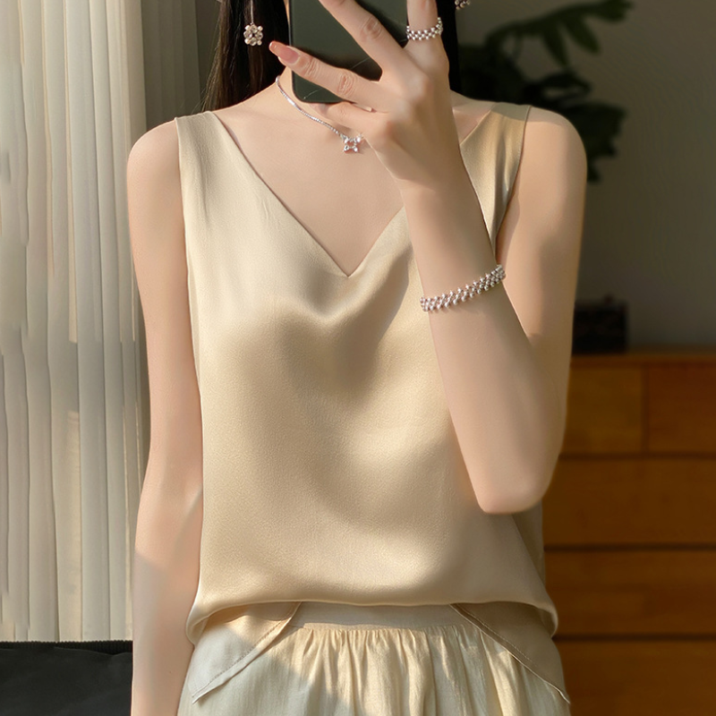 Elegant Women V-neck Sleeveless Silk Satin Business Tank Top Camisole Vest Shirt