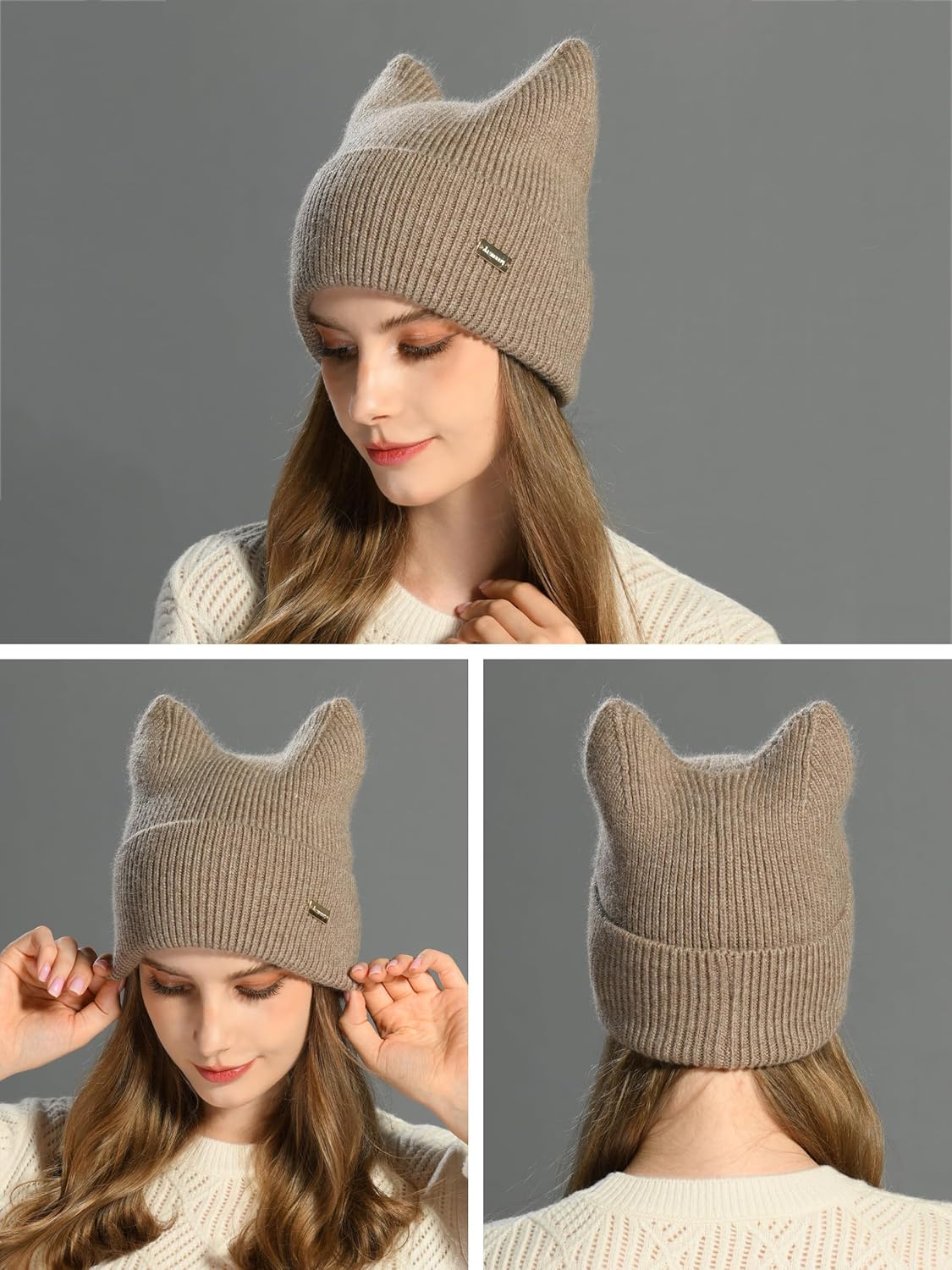 Winter Cute cat Ear Wool Beanie Hats for Women&Men Soft Warm Cashmere Knit Hat - Picture 34 of 46