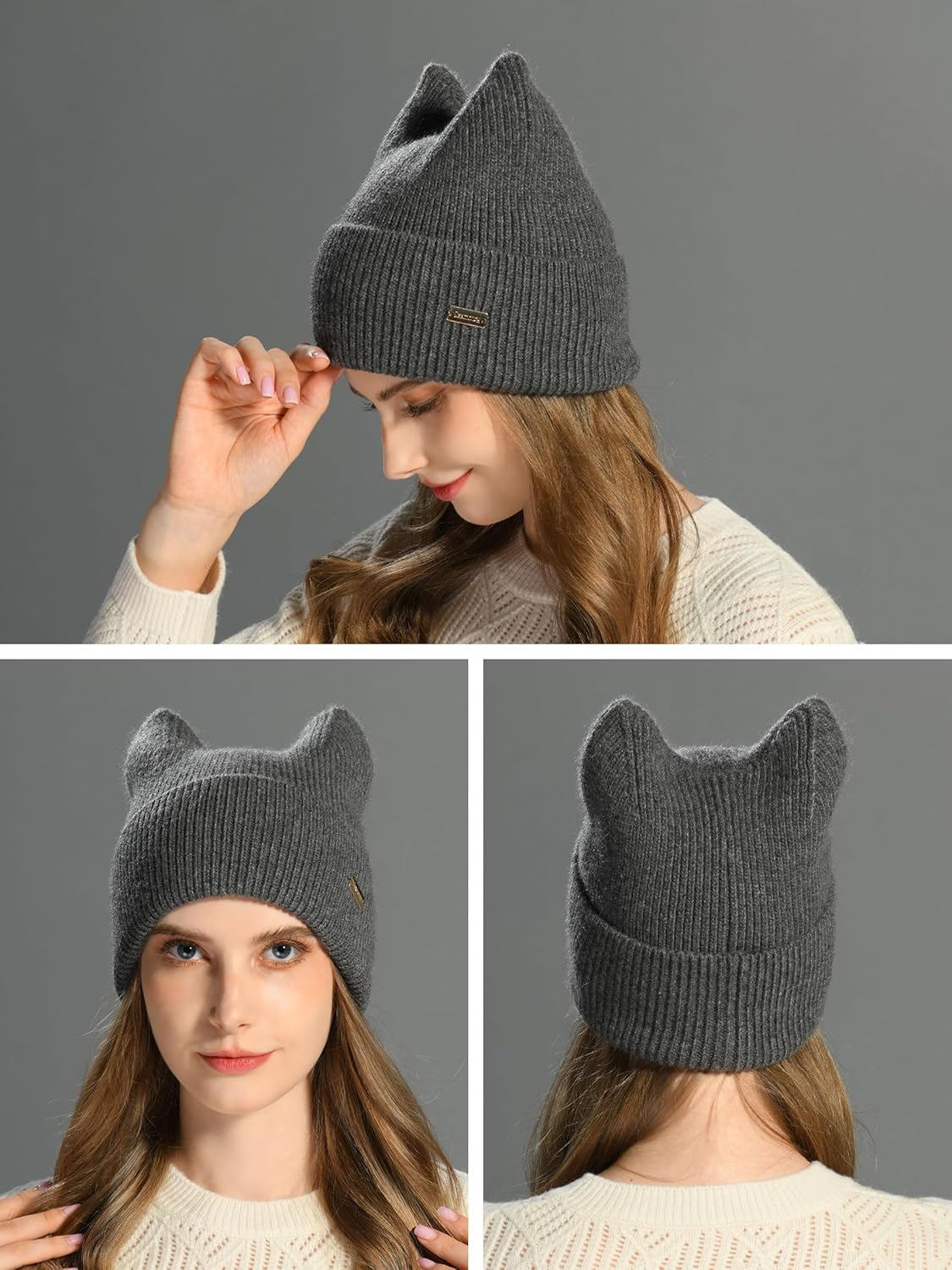 Winter Cute cat Ear Wool Beanie Hats for Women&Men Soft Warm Cashmere Knit Hat - Picture 38 of 46