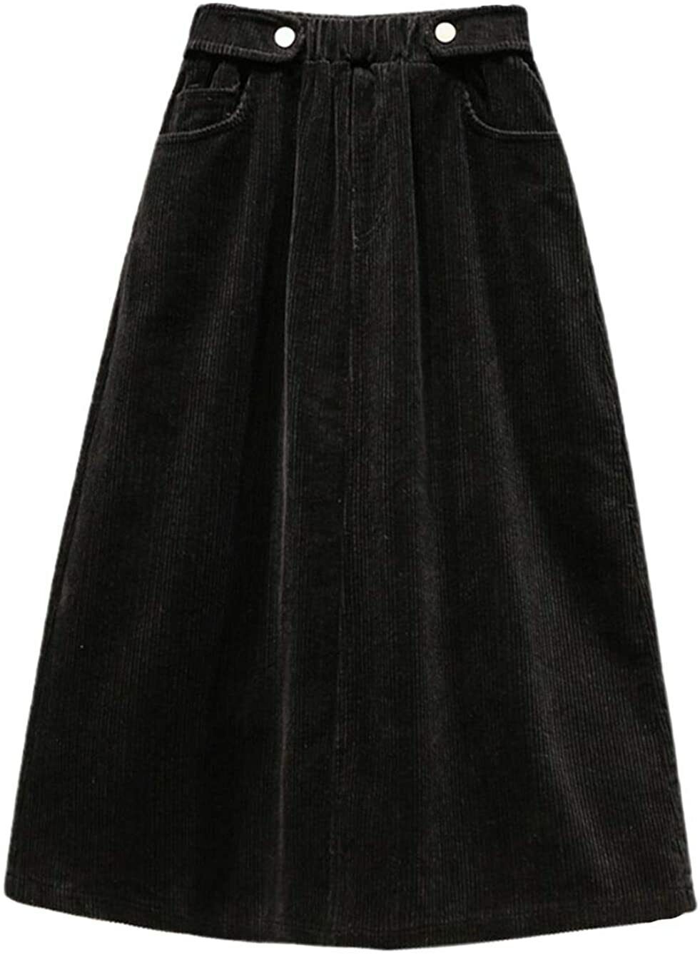 Plus Size Corduroy A-Line Midi Skirt Elastic Waist Ruffle Winter Long - Picture 16 of 20