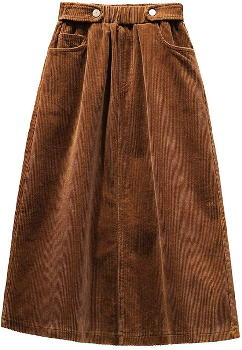Plus Size Corduroy A-Line Midi Skirt Elastic Waist Ruffle Winter Long - Picture 17 of 20