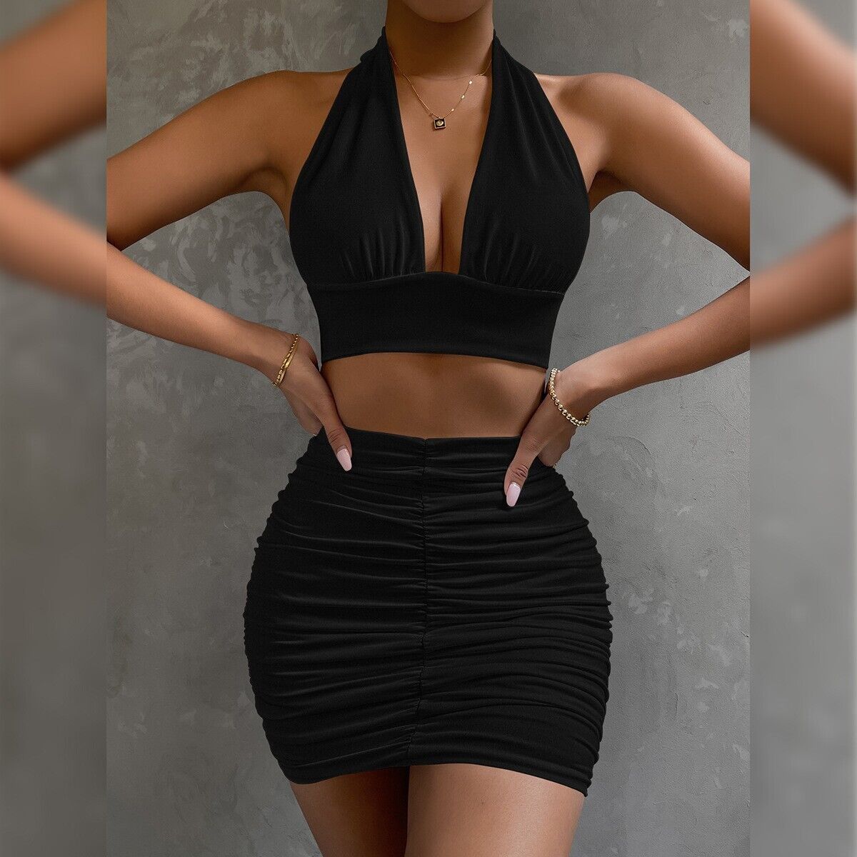 2pcs Women Dress Suits Halter Lace-up Hip Top+Pleated Hip-covering Skirt Set HOT - Picture 23 of 26