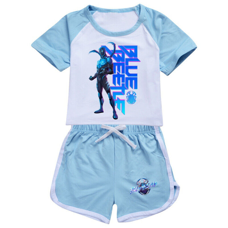 Niños PJ'S Loungewear Traje de entrenamiento Niña Azul Escarabajo Shorts Conjunto de camiseta - Imagen 32 de 32