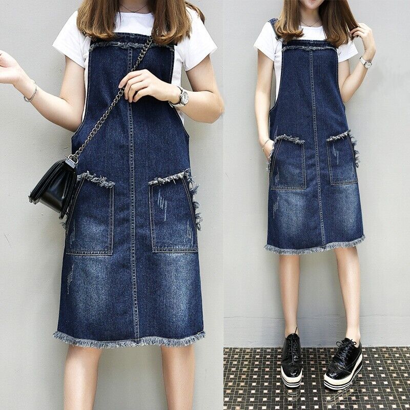 Women's Denim Bib Overall Dress Casual Loose Baggy Suspender Skirt Jeans Dress - Picture 6 of 6