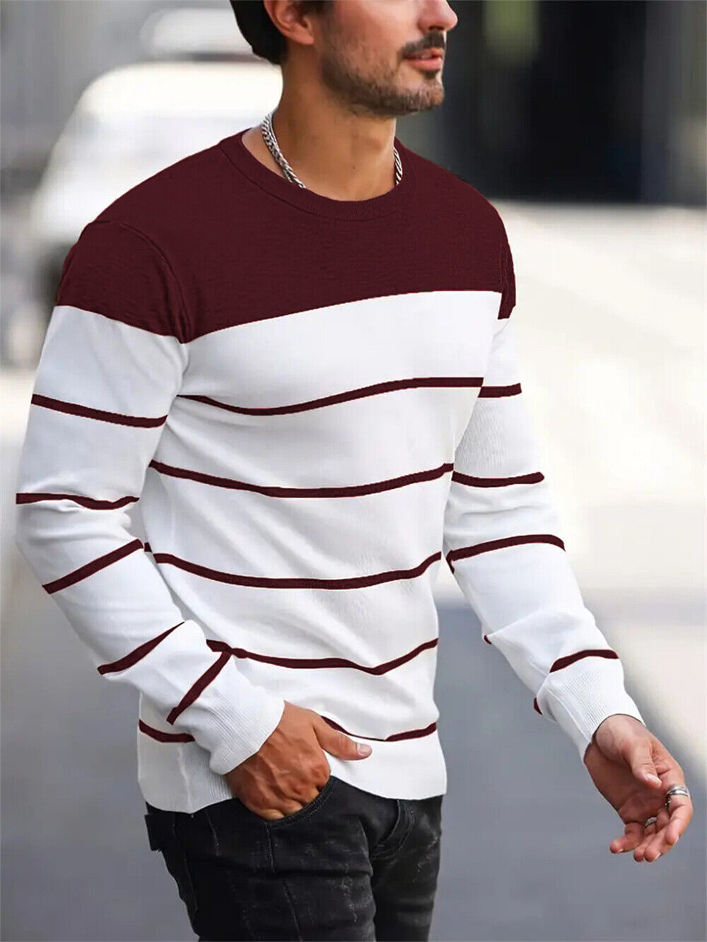 Men's Long Sleeve Stripes T-Shirt Classic Casual Slim Fit Round Neck Shirts Tops - Imagen 14 de 15