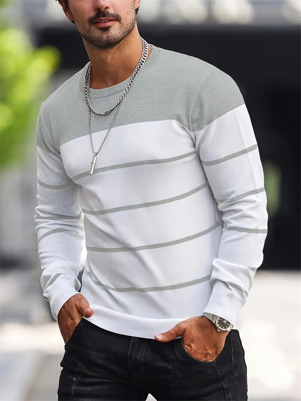 Men's Long Sleeve Stripes T-Shirt Classic Casual Slim Fit Round Neck Shirts Tops - Imagen 15 de 15