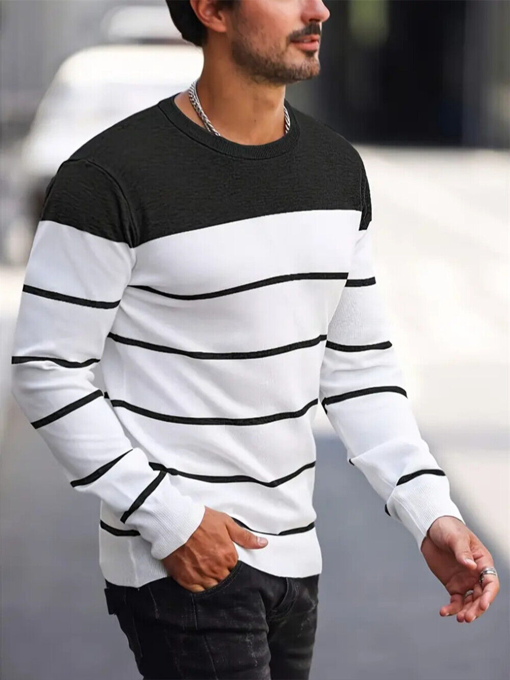 Men's Long Sleeve Stripes T-Shirt Classic Casual Slim Fit Round Neck Shirts Tops - Imagen 13 de 15