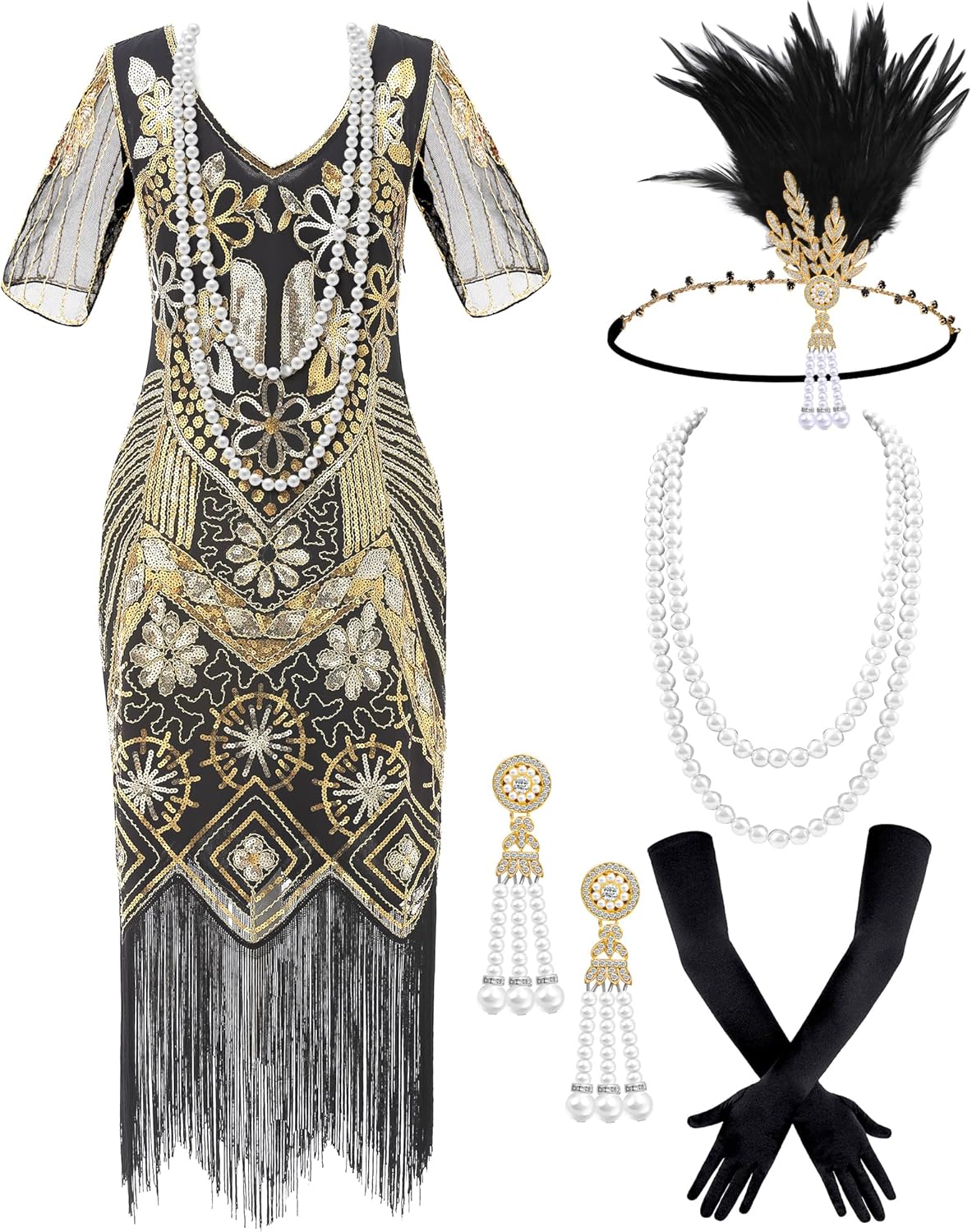 Women's Flapper Dress 1920s Vintage Dress Great Gatsby Set for Christmas Party - Picture 19 of 21