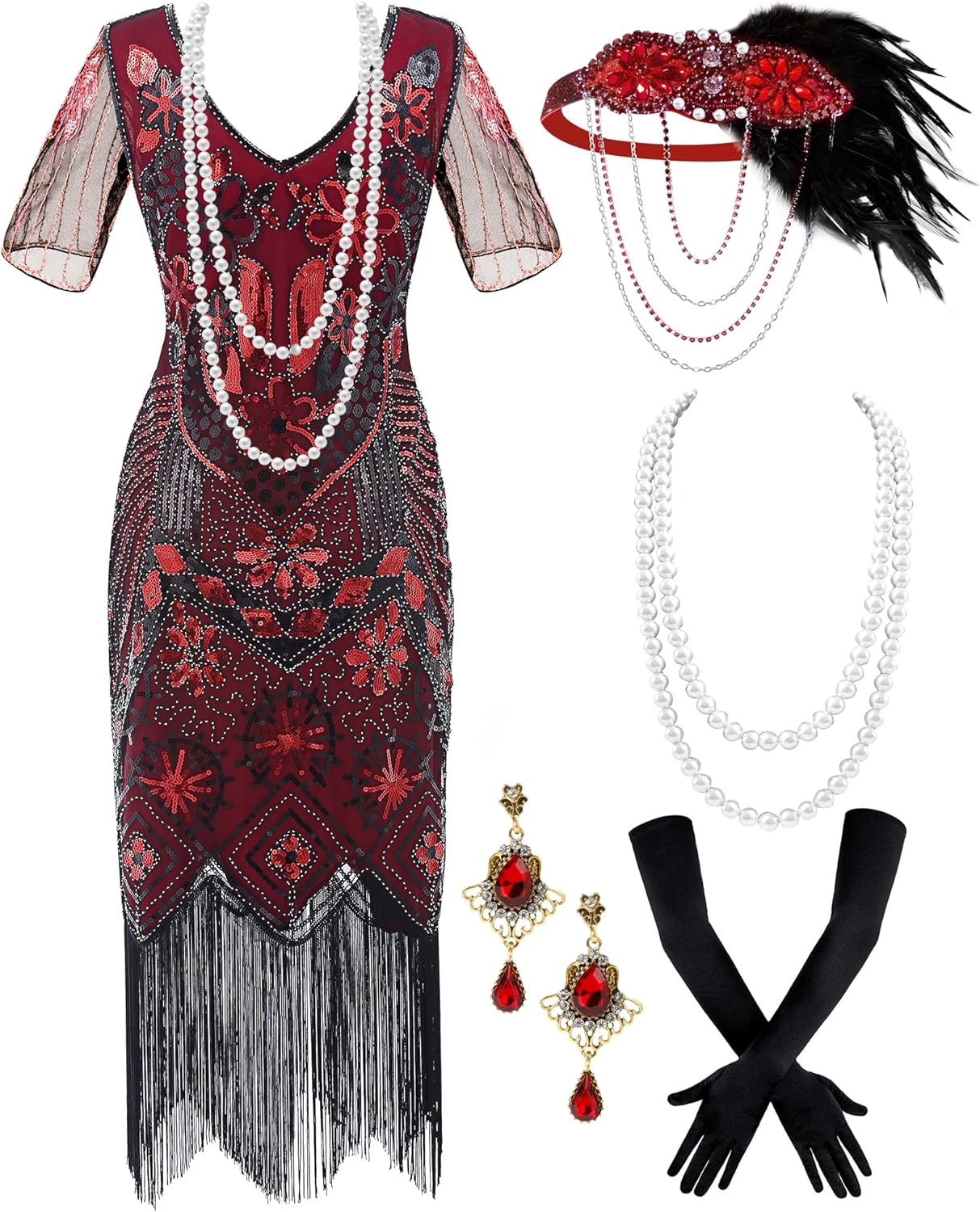Women's Flapper Dress 1920s Vintage Dress Great Gatsby Set for Christmas Party - Picture 21 of 21