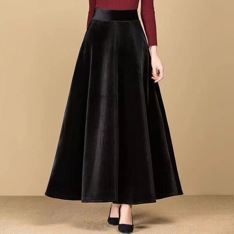 Women Velvet Mid Skirt High Waist Big Swing A-line Half Dress OfficeThermal 90cm