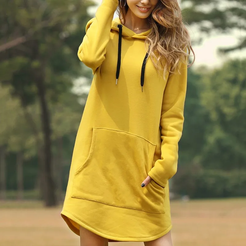 Vestito donna felpa con cappuccio autunno tinta unita casual pullover sciolto felpa con cappuccio vestito - Foto 16 di 16