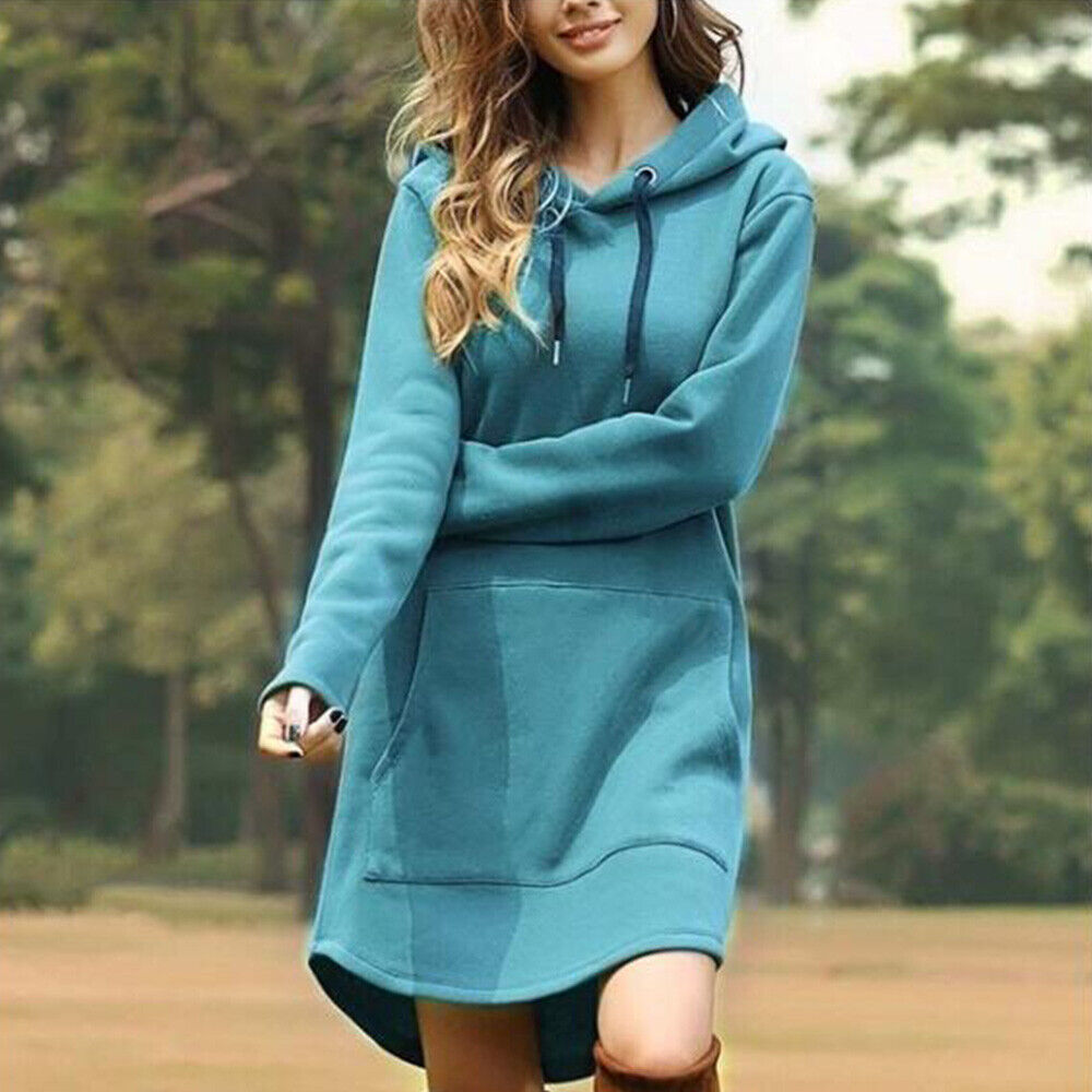 Vestito donna felpa con cappuccio autunno tinta unita casual pullover sciolto felpa con cappuccio vestito - Foto 14 di 16
