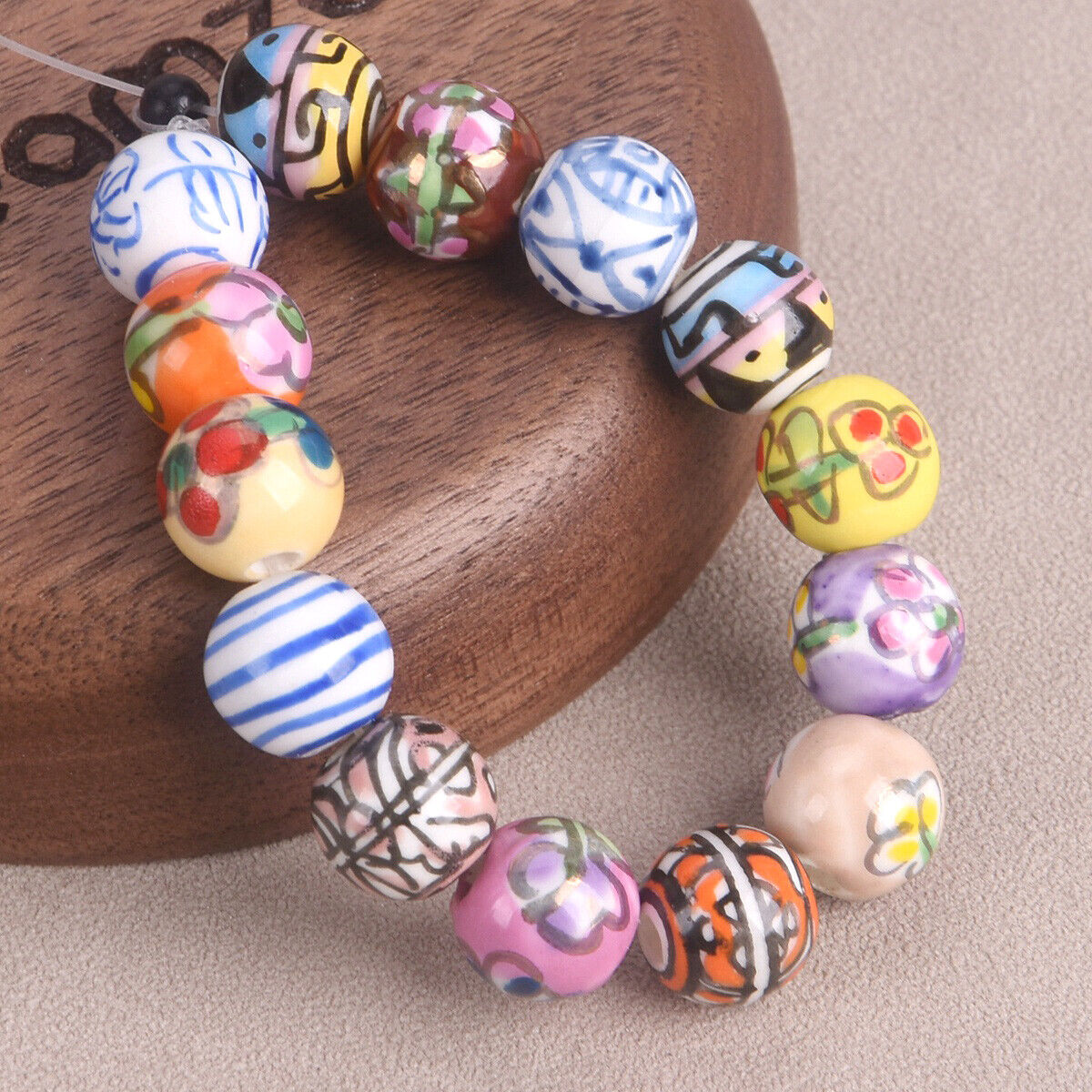 10pcs Hand Painted Flower Round 10mm Handmade Ceramic Porcelain Loose Beads Lot - Picture 4 of 24