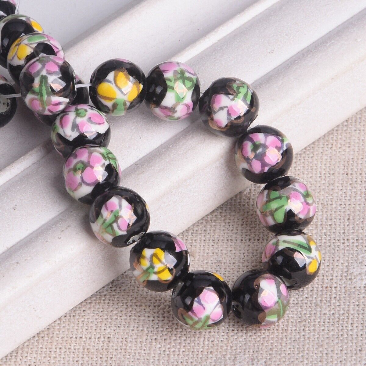 10pcs Hand Painted Flower Round 10mm Handmade Ceramic Porcelain Loose Beads Lot - Picture 5 of 24