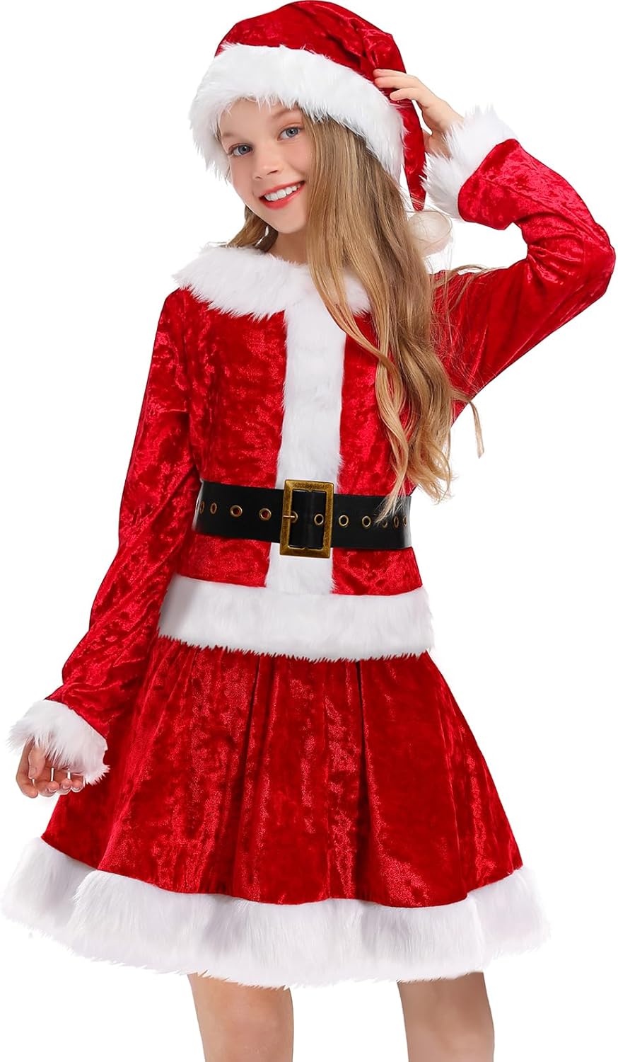 Santa Dress for Girls Santa Claus Outfit Costume for Christmas with Santa Hat - Picture 9 of 36