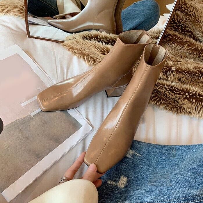 Botas cortas al tobillo con punta cuadrada para mujer con cremallera trasera tacón bloque zapatos de otoño - Imagen 18 de 18