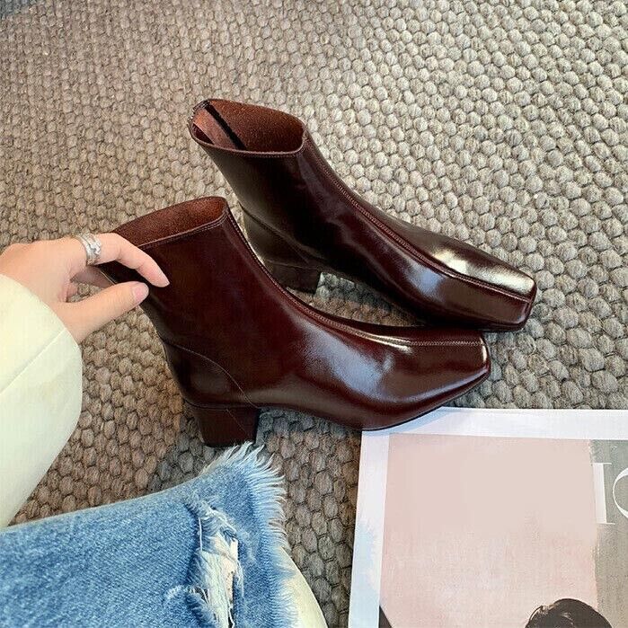 Botas cortas al tobillo con punta cuadrada para mujer con cremallera trasera tacón bloque zapatos de otoño - Imagen 17 de 18