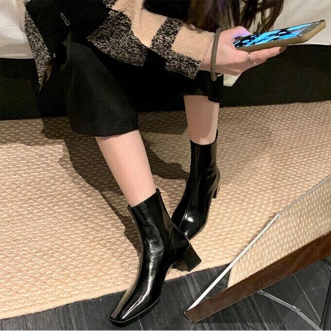 Botas cortas al tobillo con punta cuadrada para mujer con cremallera trasera tacón bloque zapatos de otoño - Imagen 16 de 18
