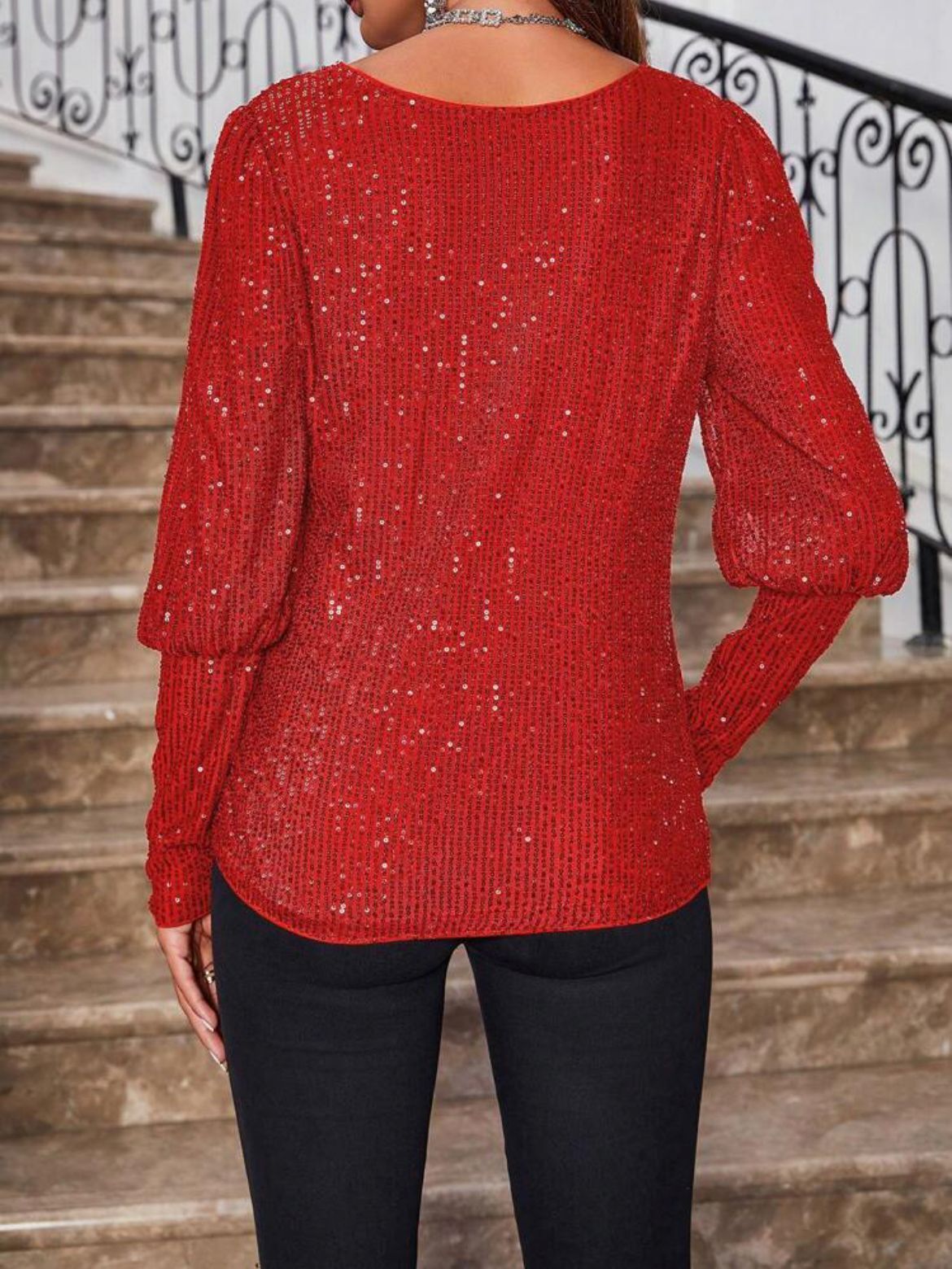 Women's Sequin Long Sleeve Round Neck Top Sparkly Blouse Christmas Shirt - Picture 26 of 36