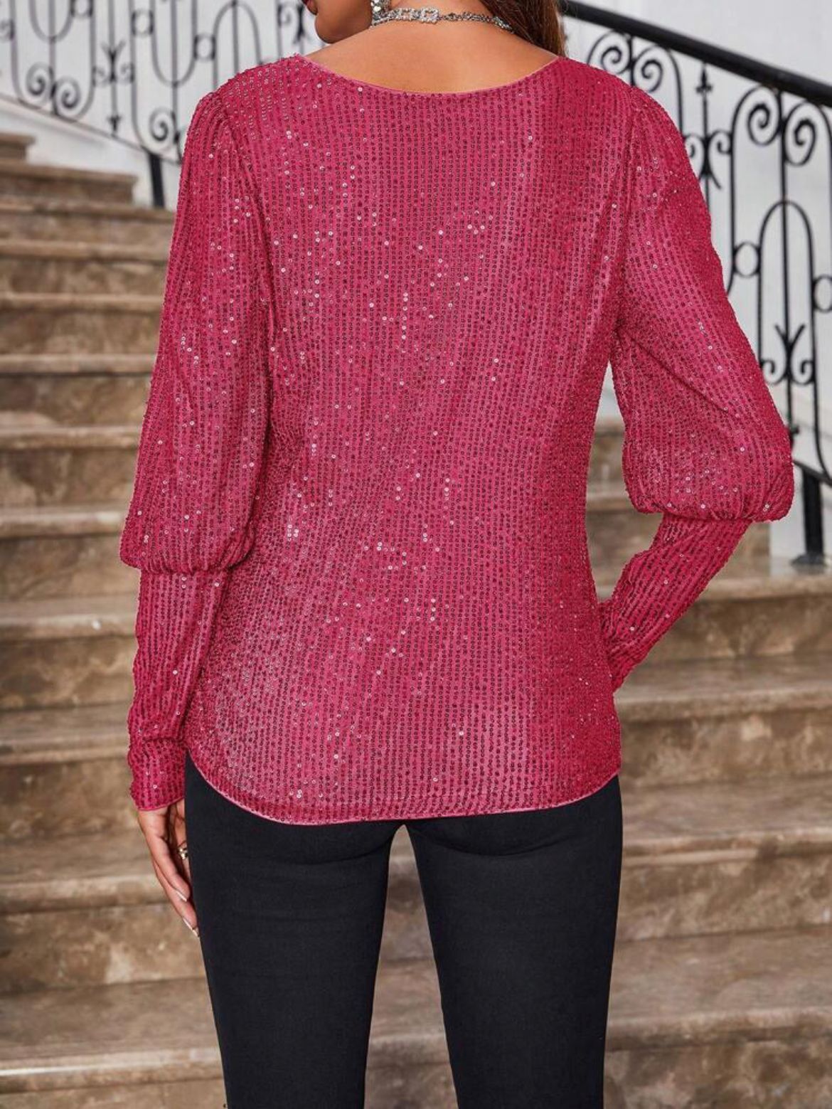 Women's Sequin Long Sleeve Round Neck Top Sparkly Blouse Christmas Shirt - Picture 30 of 36
