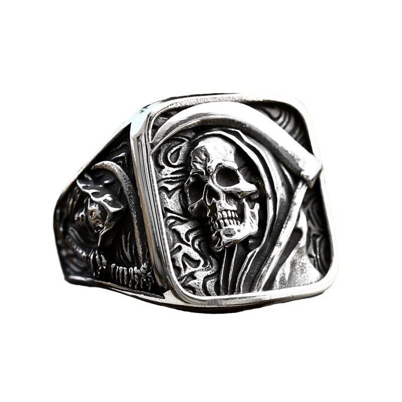 Men's Chunky Grim Reaper Skull Ring Silver Stainless Steel Skeleton Angel Death
