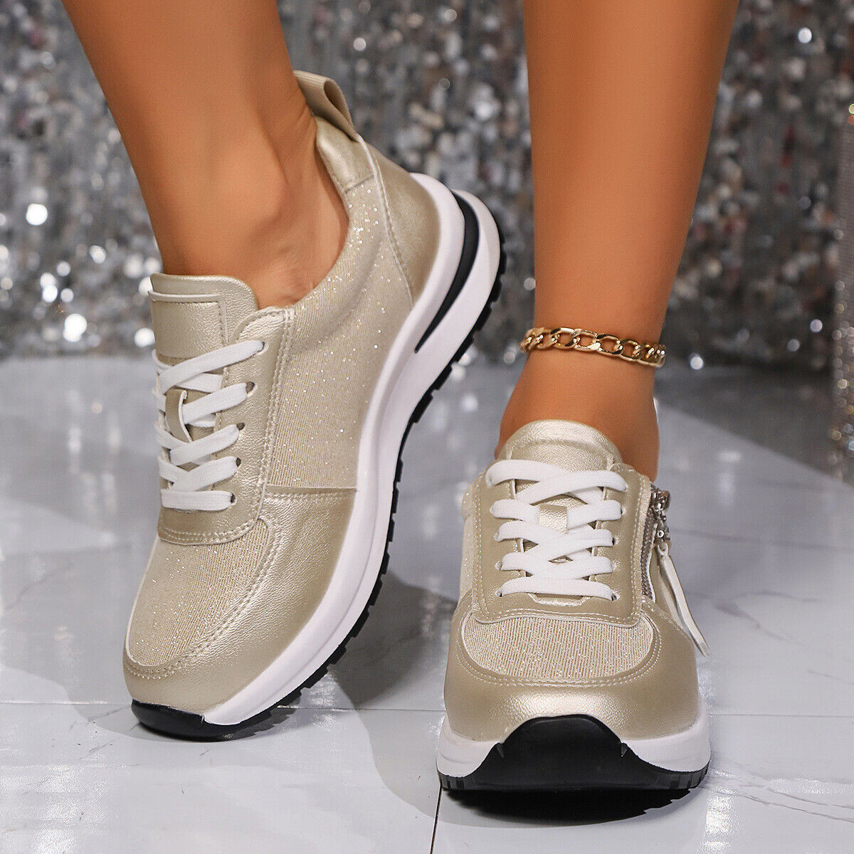 Womens Sports Wedge Zip Trainers Sneakers Ladies Casual Comfort Shoes Size Walk - Picture 18 of 21