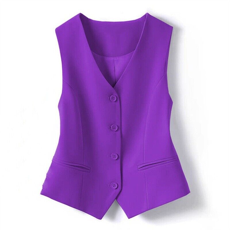 Womens Single Breasted V Neck Sleeveless Blazer Vest Slim Suit Waistcoat Gilet - Picture 13 of 18