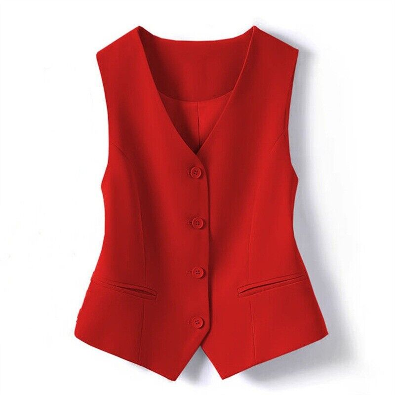 Womens Single Breasted V Neck Sleeveless Blazer Vest Slim Suit Waistcoat Gilet - Picture 18 of 18