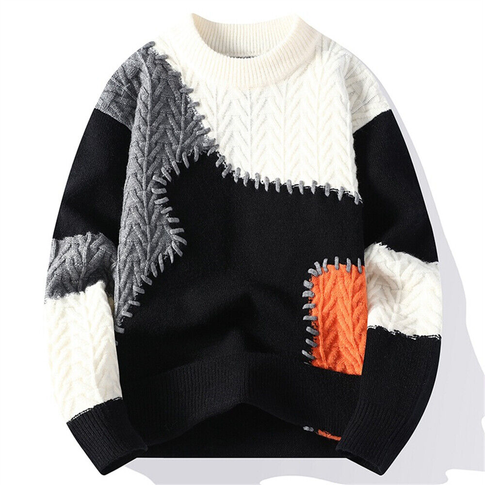 Men's Round Neck Patchwork Sweater Casual Knitted Pullover Warm Sweaters Winter